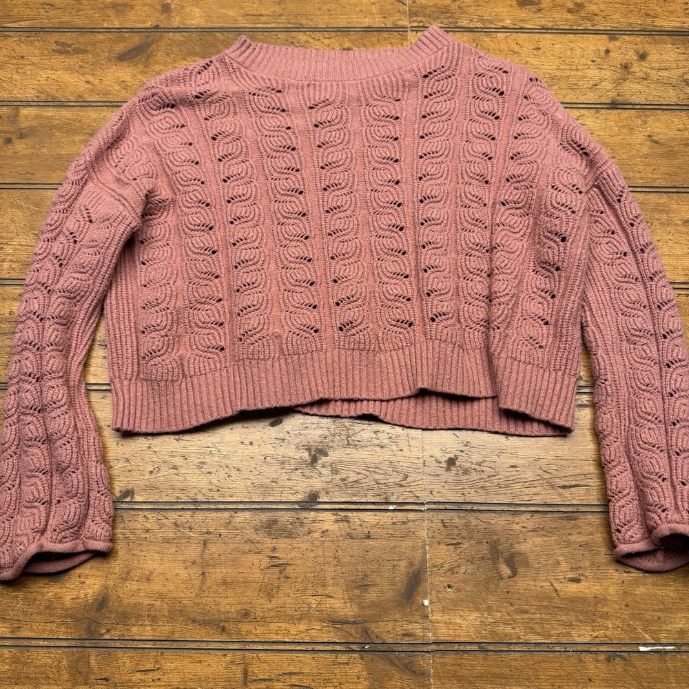 Poof Apparel Open Knit Sweater Women Size S Pink Crop Cottagecore Boho‎ Hippie